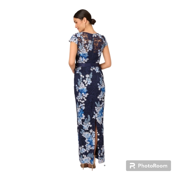 Adrianna Pappell Floral Embroidered Gown in Navy/Multi - Picture 2 of 6